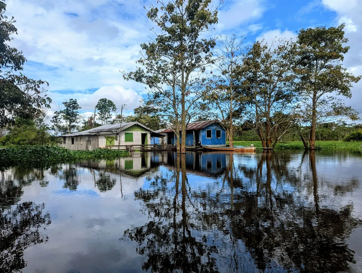 A riverside community of stilt houses mirrored in the still water of the flooded forest